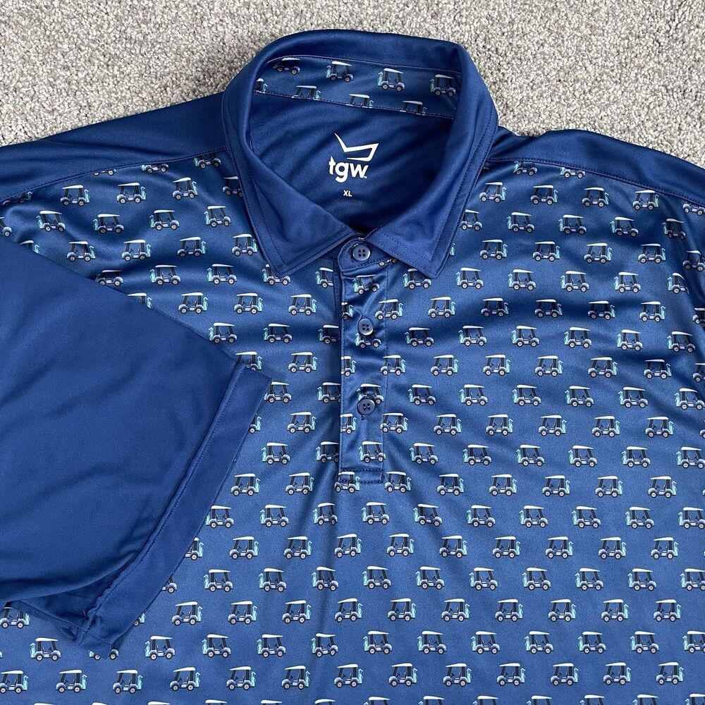 TGW Golf Polo Shirt Mens Performance Blue Golf Cart Print Size XL